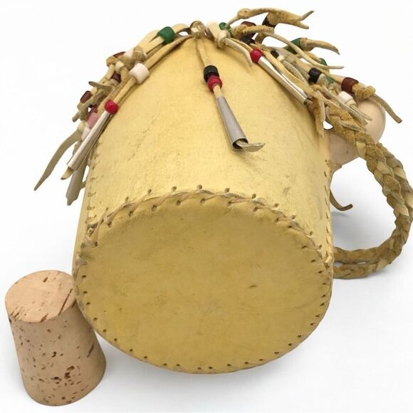 Hobbyist Suede Leather Wrapped Ceramic Jug with Beaded Fringe Braided Strap - Picture 15 of 16